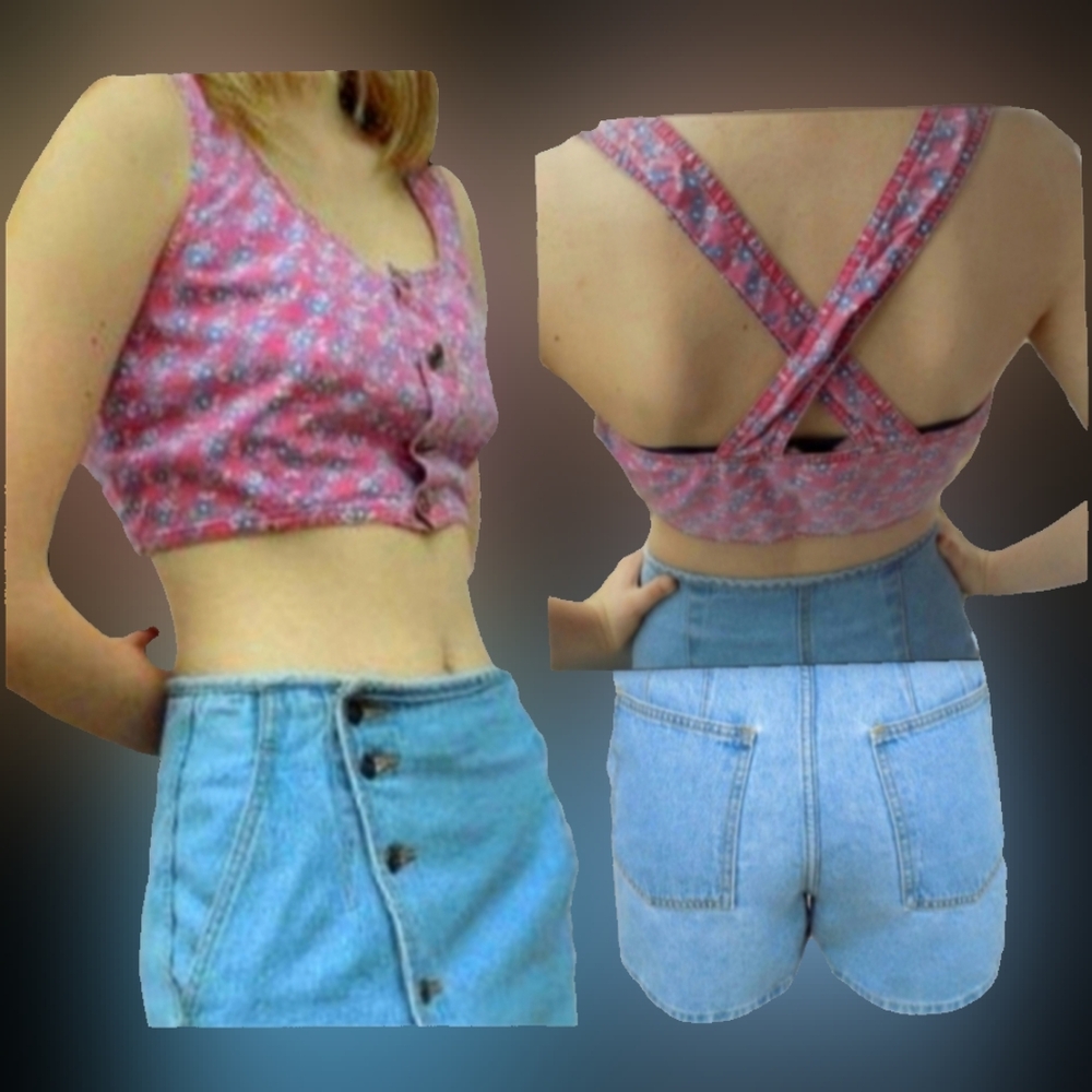 Vtg 90s Extra Femme pink blue floral denim bustier criss cross corset vest top S